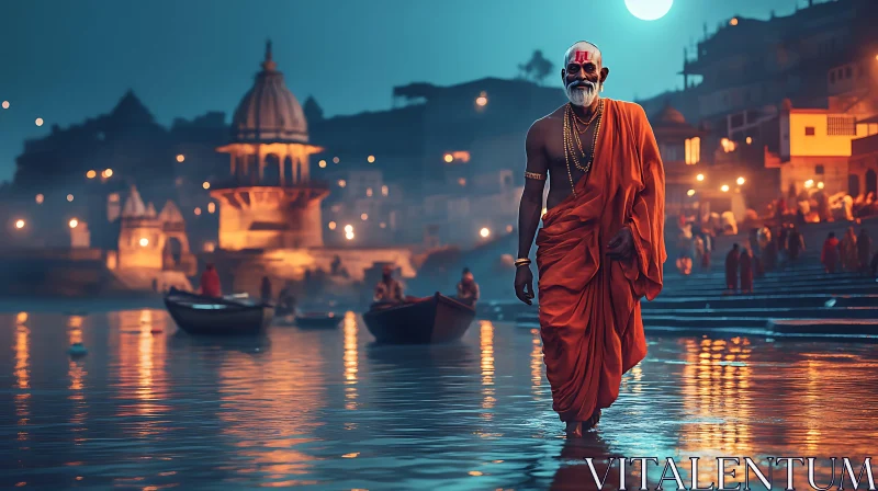 AI ART Monk's Evening Walk by the Ganges