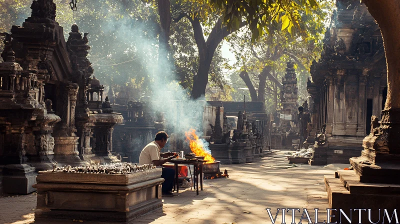 Temple Courtyard with Fire Ceremony AI Image