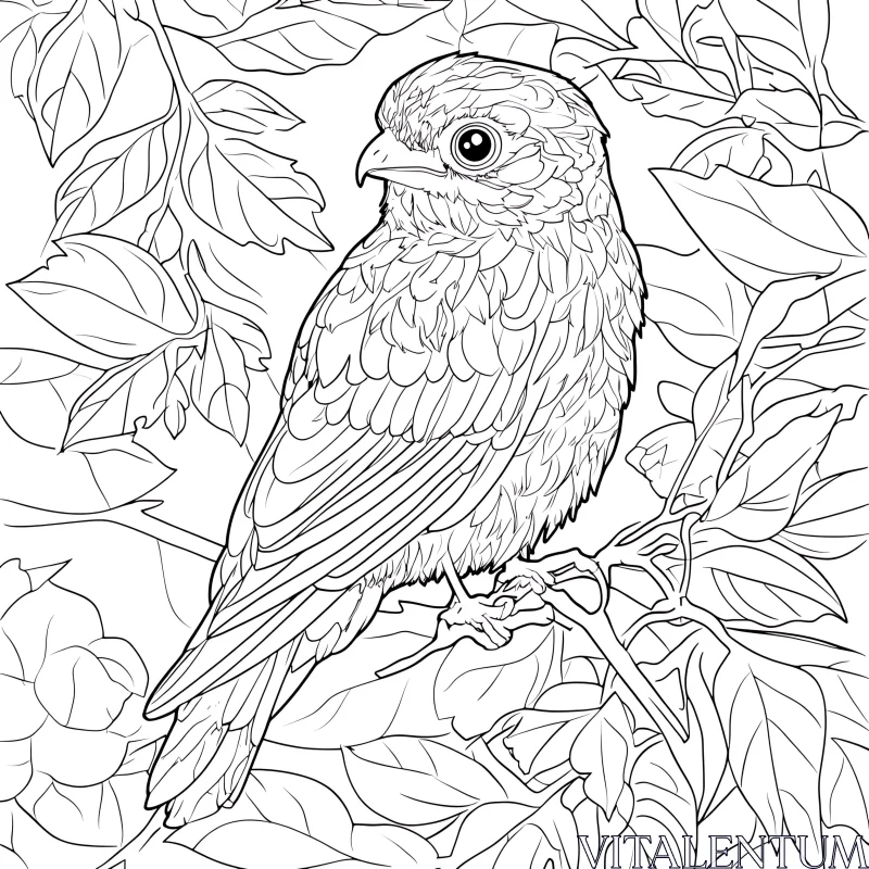 Monochrome Bird and Leaves Illustration AI Image