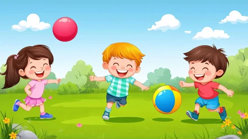 Cartoon Kids Playing Ball in Park