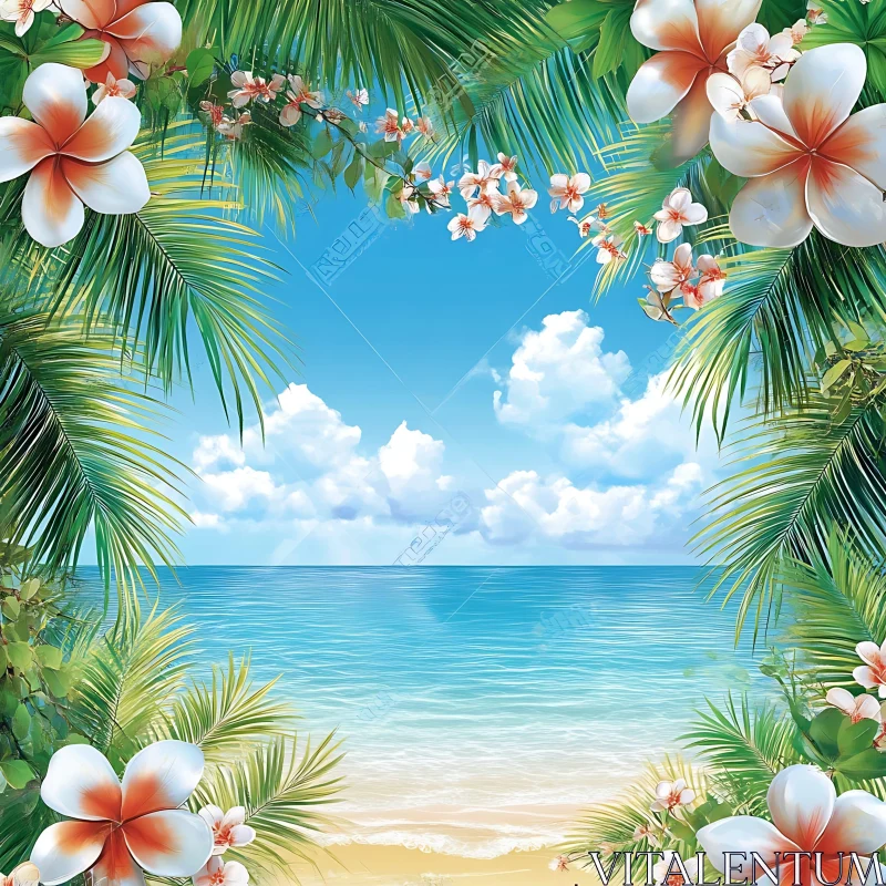 Serene Ocean View Framed by Tropical Foliage AI Image