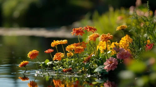 Serene Blooming Flowers and Water Reflection