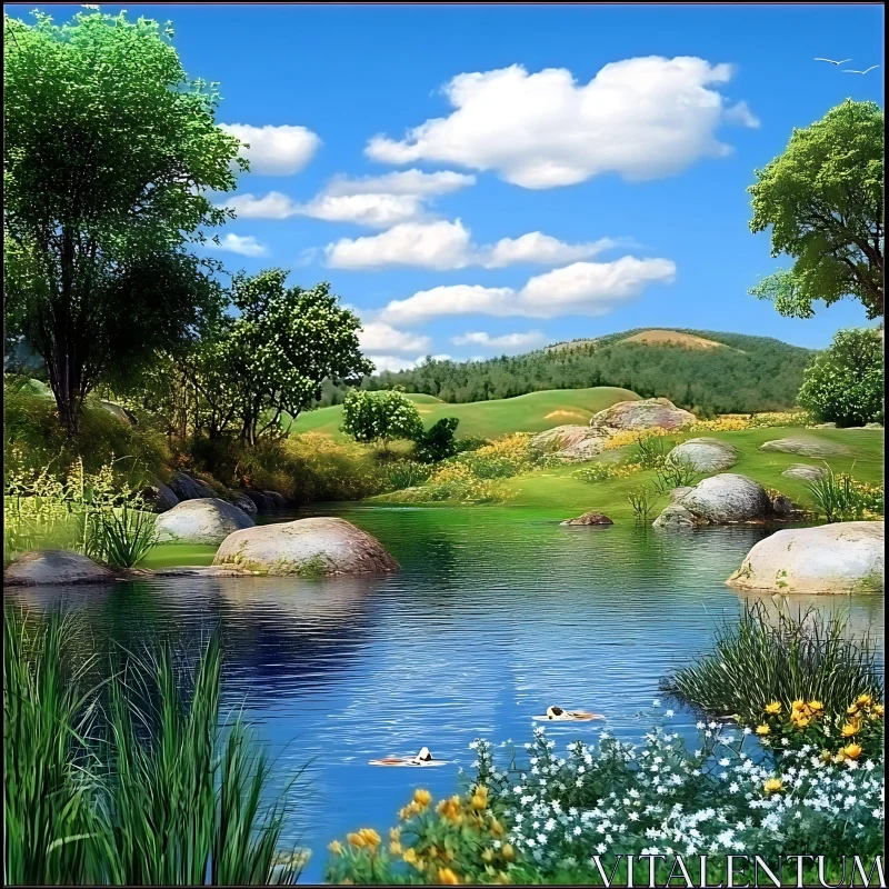 Calm Pond Surrounded by Lush Green Hills and Wildflowers AI Image