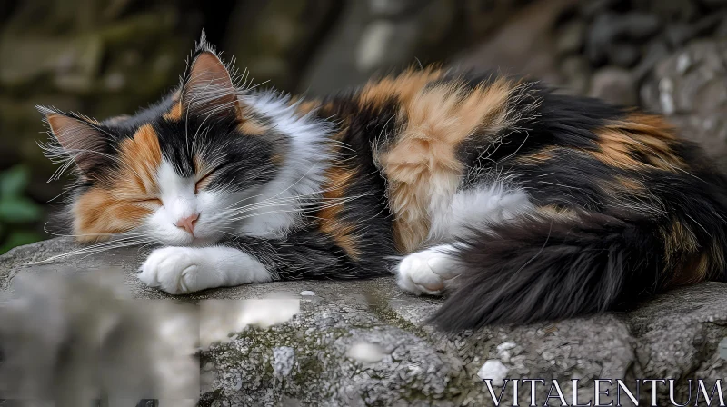 Tranquil Calico Cat Sleeping Outdoors AI Image