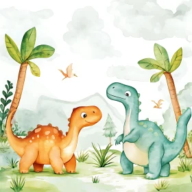 Playful Dinosaurs in a Cartoon Prehistoric Scene