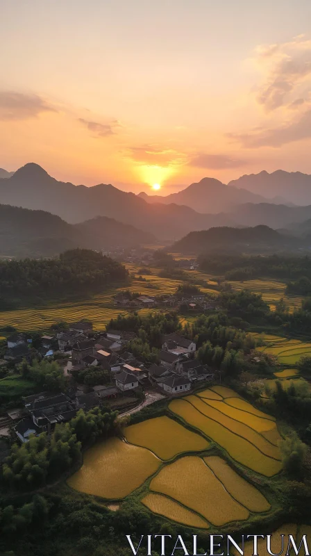 Sunset Over Village and Rice Terraces AI Image