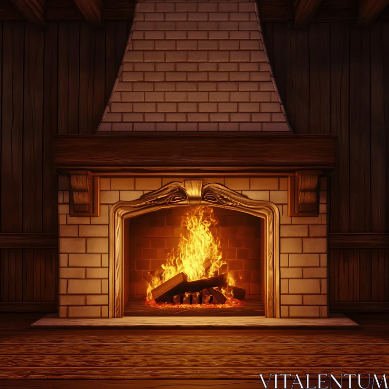 Rustic Wooden Fireplace with Warm, Golden Flames AI Image