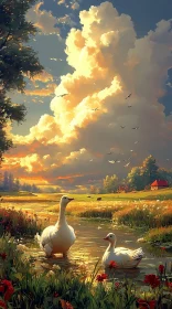 Idyllic Evening by the Pond