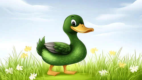 Cartoon Duck in Grassy Field