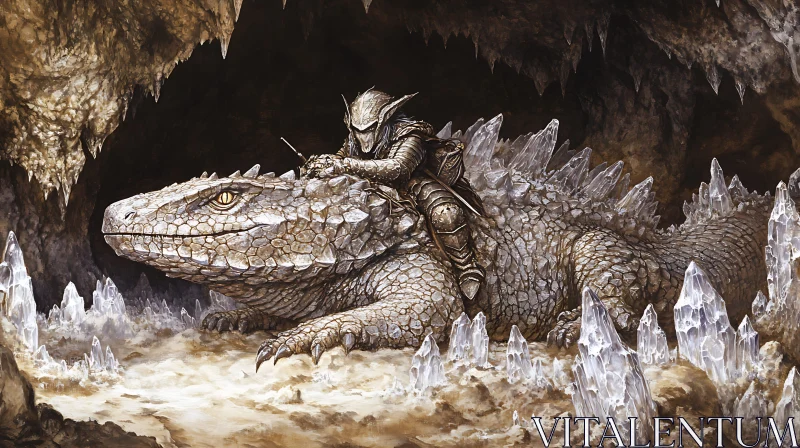 AI ART Warrior and Dragon in Crystal Cave