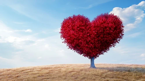 Red Heart Tree on Golden Field