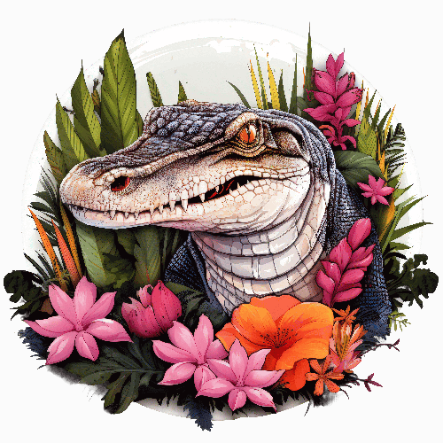 POD Design Detailed Crocodile with Floral Accents Art Piece