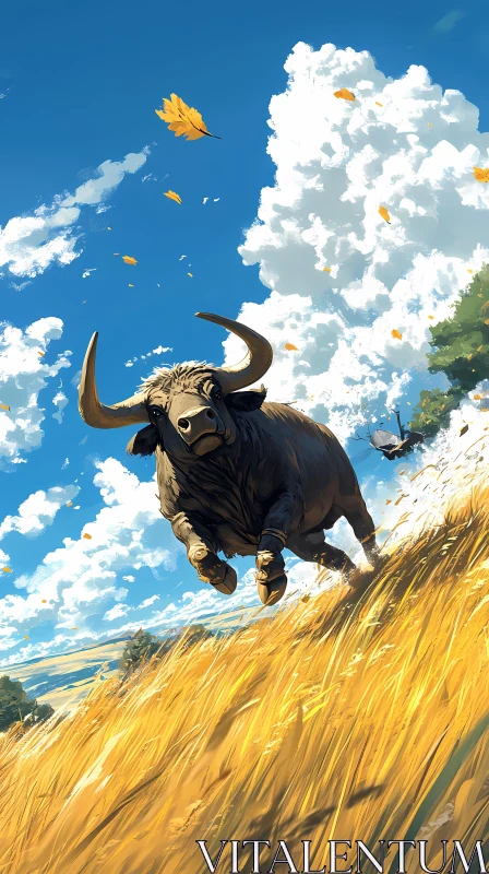 AI ART Bull Running in Summer Field