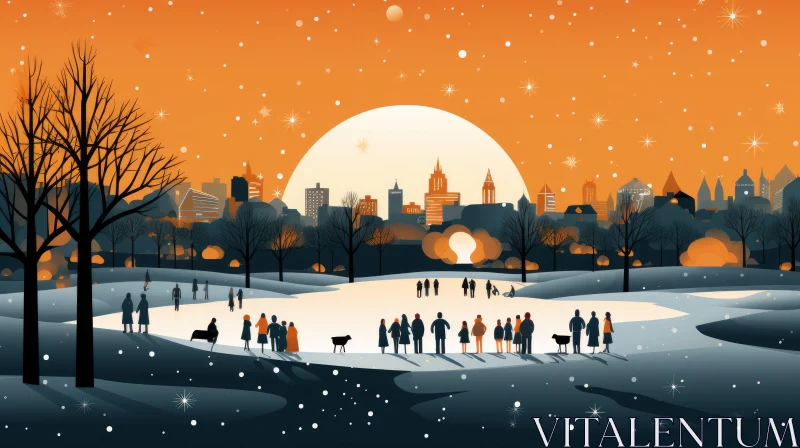 Enchanting Winter Cityscape with Frozen Lake - Mid-century Illustration AI Image
