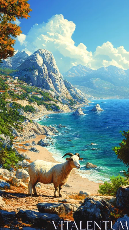 Goat on a Scenic Coastal Path AI Image