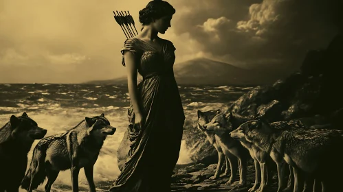 Huntress with Wolves on a Stormy Coast