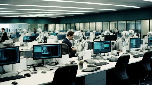 Futuristic Office Scene with Robots and Computers