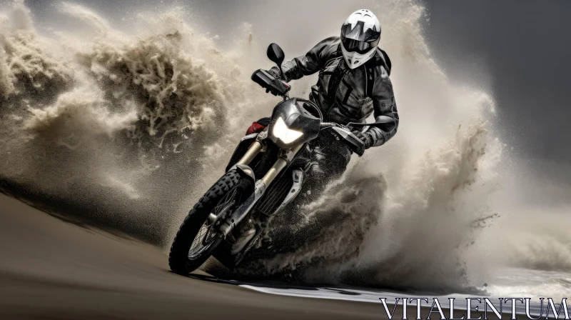 Motorcycle Rider on Beach with Crashing Waves: A Detailed Portraiture AI Image