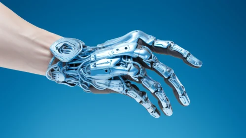 Robotic Hand in Chrome-Plated Form on Blue Background