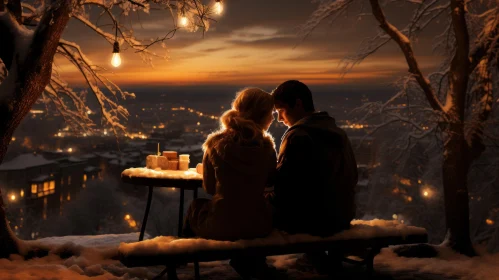 Romantic Snowy Night Scene with Couple