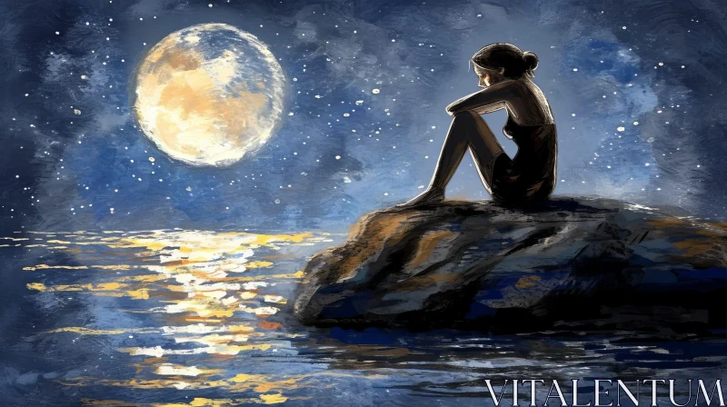 Woman Sitting on Rock by the Sea | Realistic Painting AI Image
