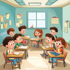 Cartoon Classroom with Eager Students