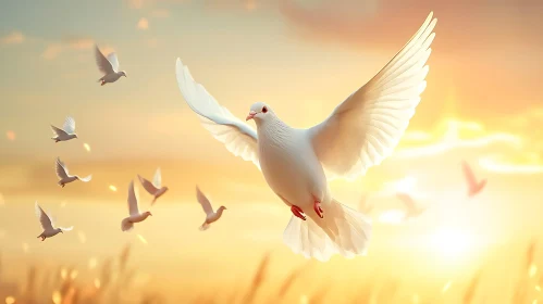 White Doves Soaring in Golden Light