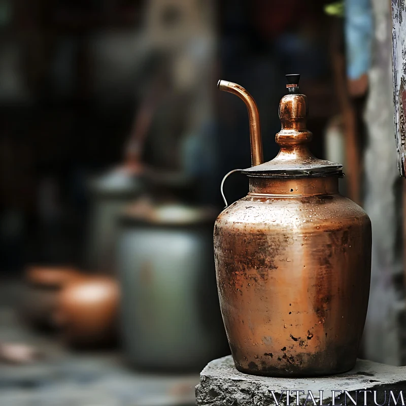 Antique Copper Pot on Stone AI Image