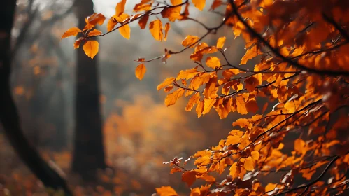 Golden Autumn Leaves in Misty Forest