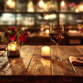 Candlelit Wine and Roses on Wooden Table