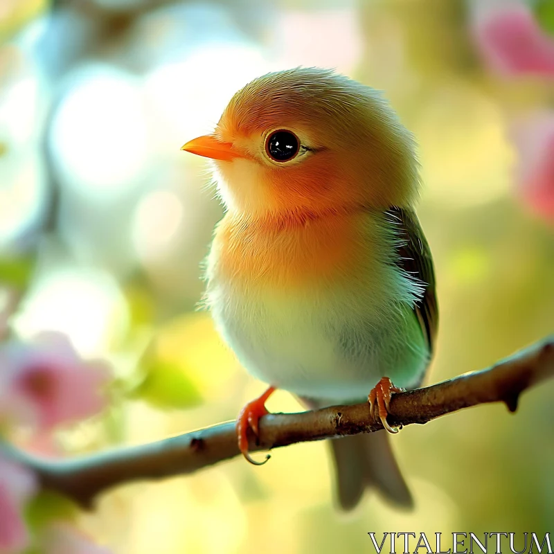 Small Bird Portrait on Tree Branch AI Image