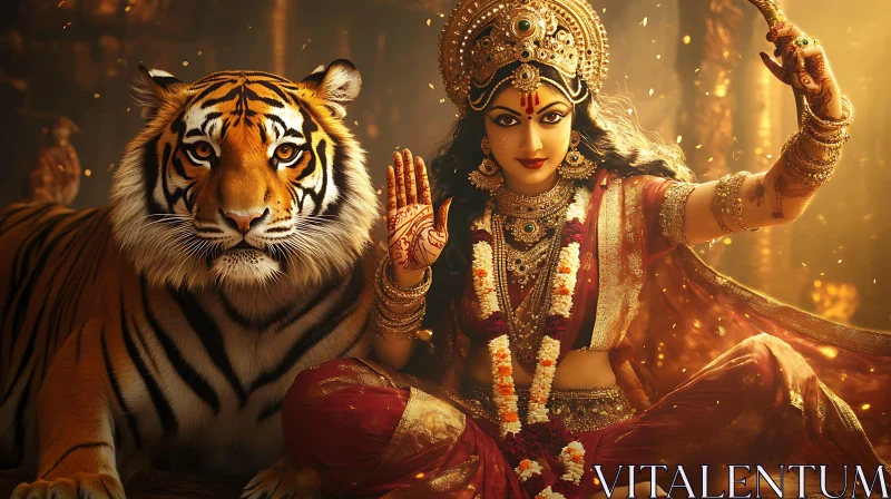 AI ART Majestic Goddess and Tiger Illustration