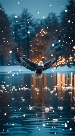 Eagle Soaring Over Snowy Lake