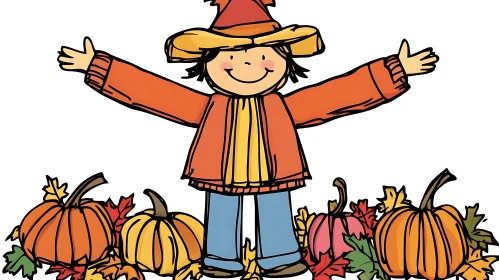 Cartoon Scarecrow with Pumpkins and Leaves