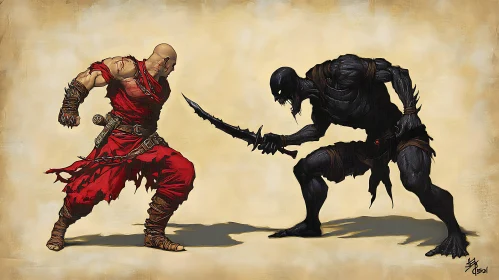 Red Warrior Confronts Shadowy Monster