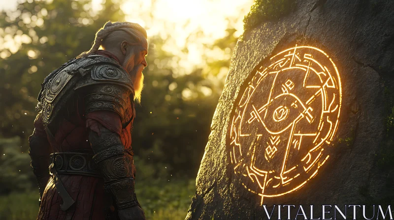 Warrior and Glowing Runes Stone AI Image