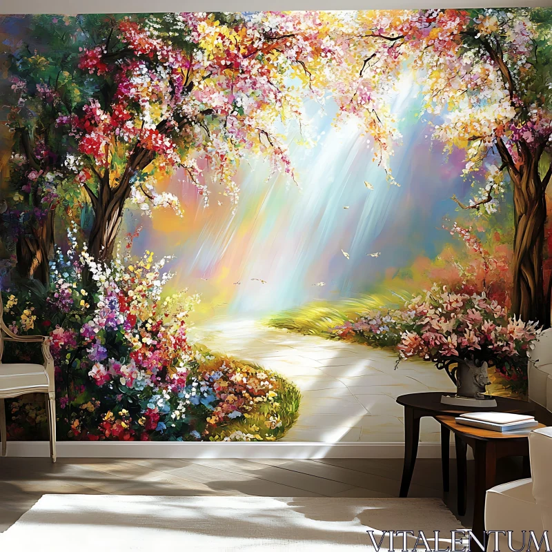 Sunlit Garden Path with Blooming Flowers Mural AI Image