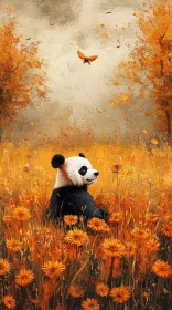 Panda amidst Autumn Blooms