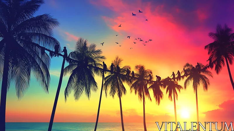 Tropical Sunset Palm Trees Silhouette AI Image