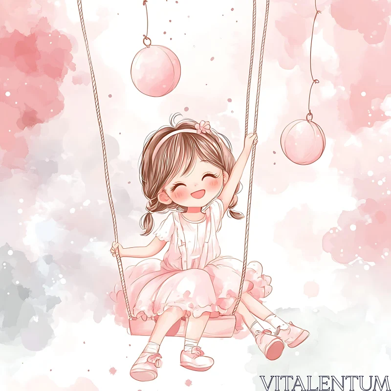 AI ART Whimsical Pink Cartoon of Girl Swinging