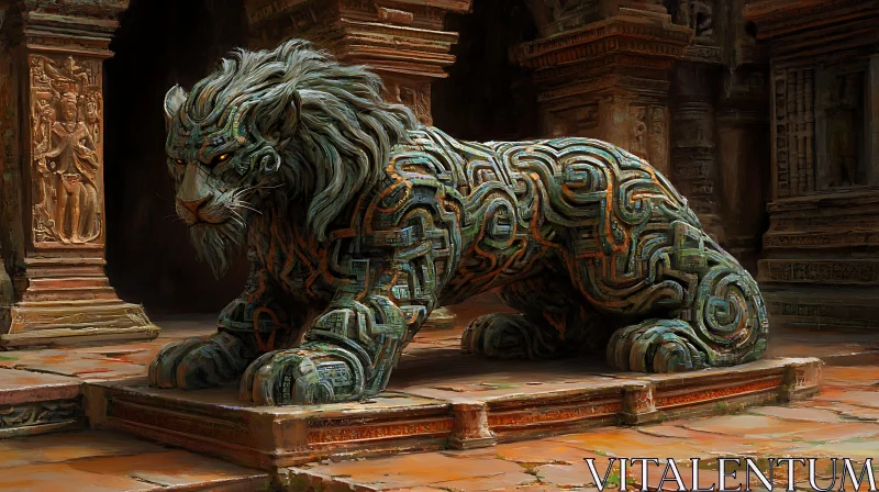 Ornate Lion Sculpture in Temple Ruins AI Image