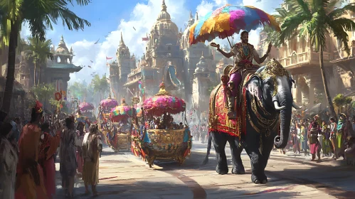 Vibrant City Parade with Decorated Elephant