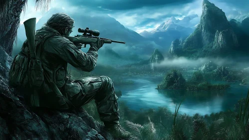 Rifleman Overlooking Mountainous Terrain