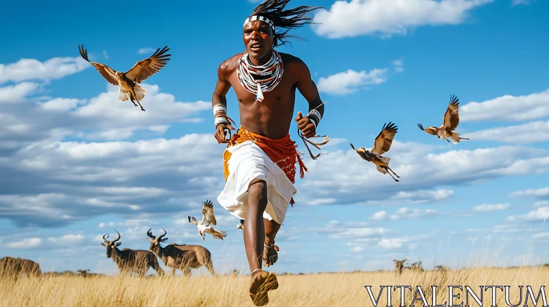 Man Running with Eagles over African Savanna AI Image