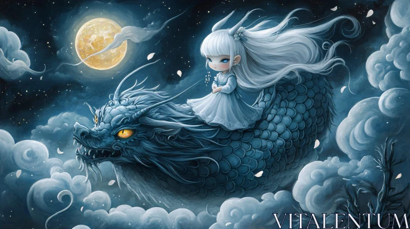 AI ART Moonlit Dragon Ride with White-Haired Girl