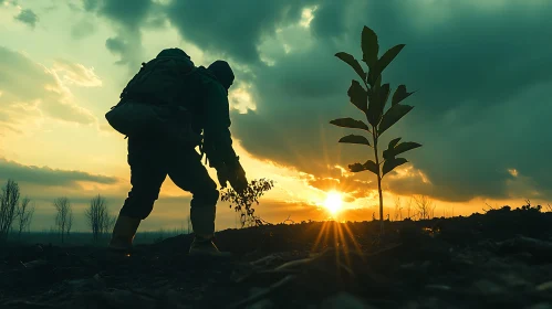 Silhouette of a person planting a tree