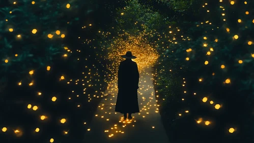 Silhouette Walking Among Fireflies