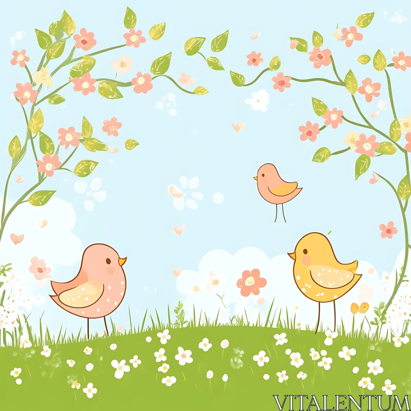 AI ART Whimsical Bird Illustration with Floral Accents