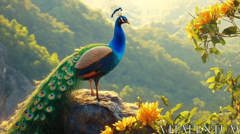 Peacock Perched on Rocky Outcrop AI Image