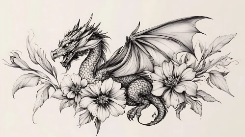 Floral Dragon Detailed Drawing